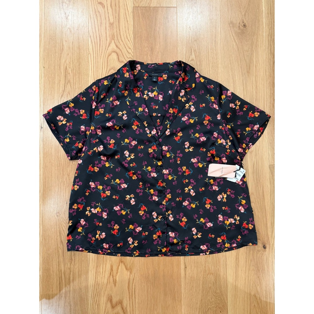 NWT Halogen Black Multicolor Floral Satin Camp Shirt 1X